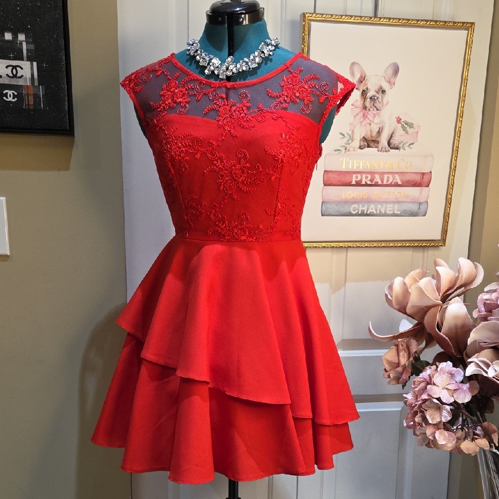 Nwot Doly 36 Size Elegant Red Lace Mini Dress - Picture 1 of 17